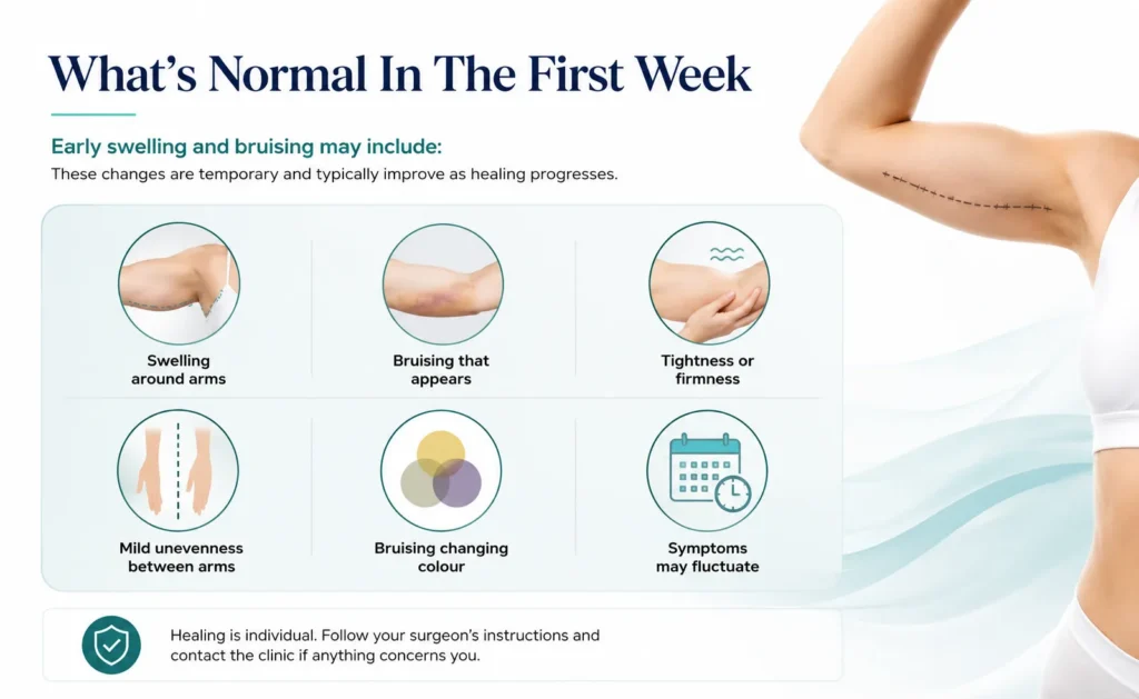 Brachioplasty Recovery In The First Week Infographic on Brachioplasty Swelling and Bruising