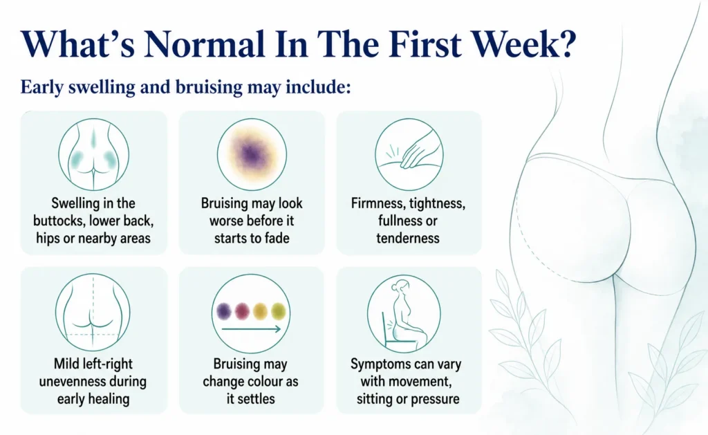 Early Swelling and Bruising in the First Week Infographic on Managing Swelling and Bruising After Buttock Reshaping