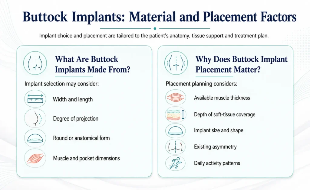 Material and Placement Factors Infographic on Undestanding Buttock Implant Placement