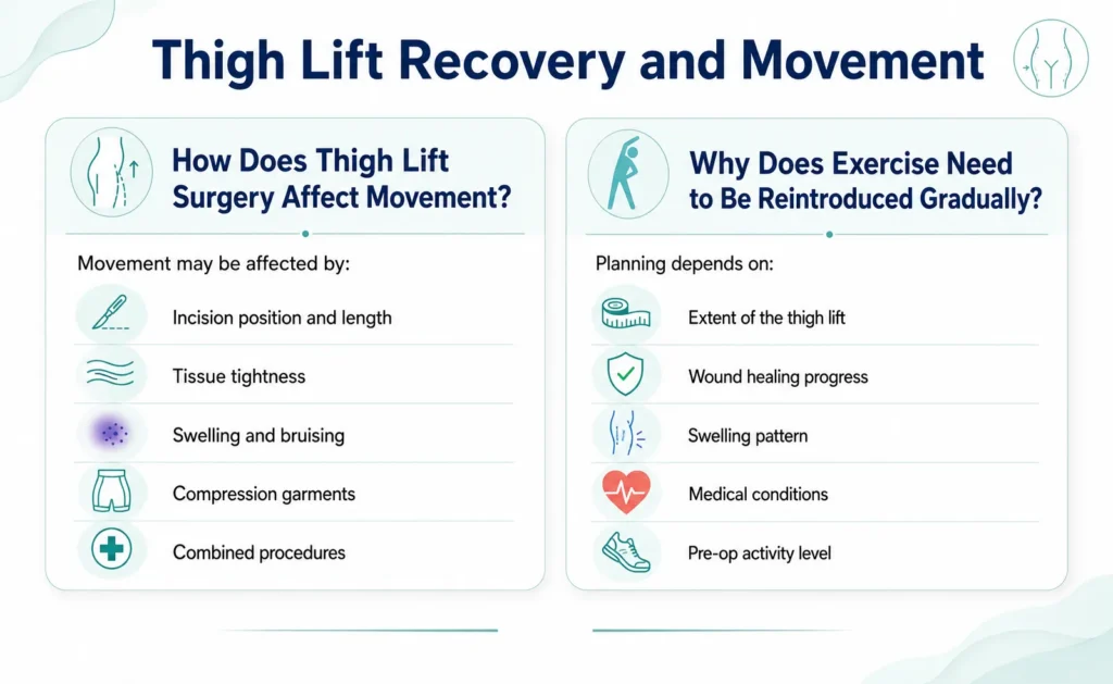 Thigh Lift Recovery and Movement Infographics on Return to Exercise After Thigh Lift Surgery