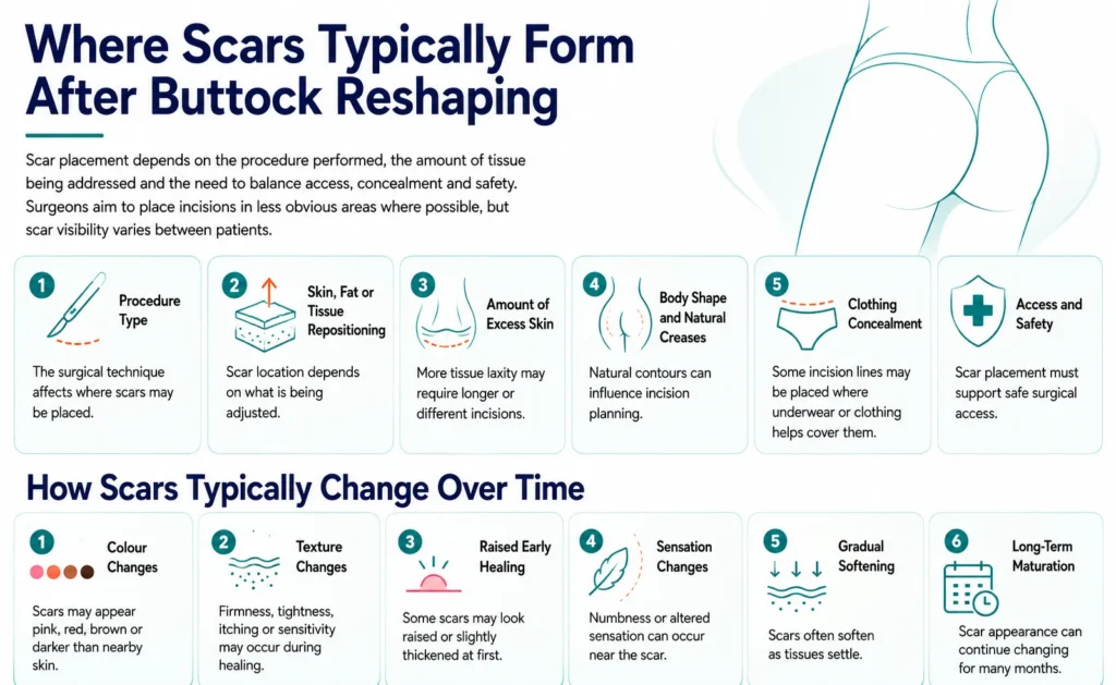 Where Scars Typically Form After Buttock Reshaping Infographic on Managing Buttock Reshaping Scars